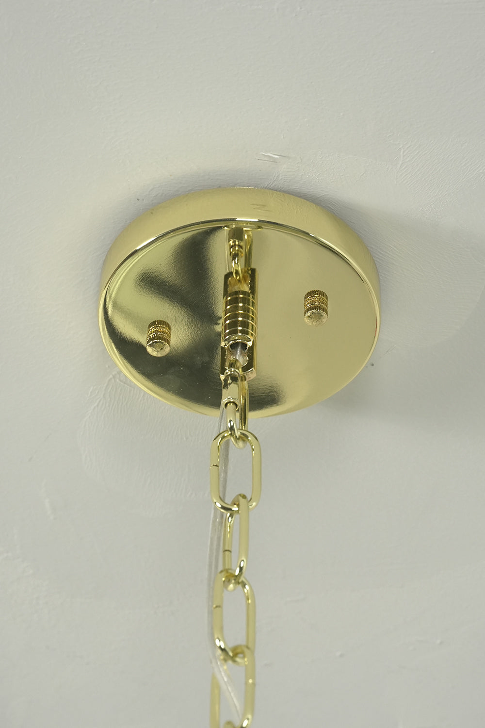 Brass ceiling canopy and chain detail | Metal | Showing functional connection and screws | vexalamps