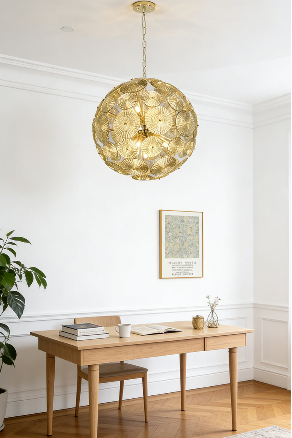 Lit mod-century spherical glass light | Metal, Glass | Installed in a classic home office above a desk | vexalamps