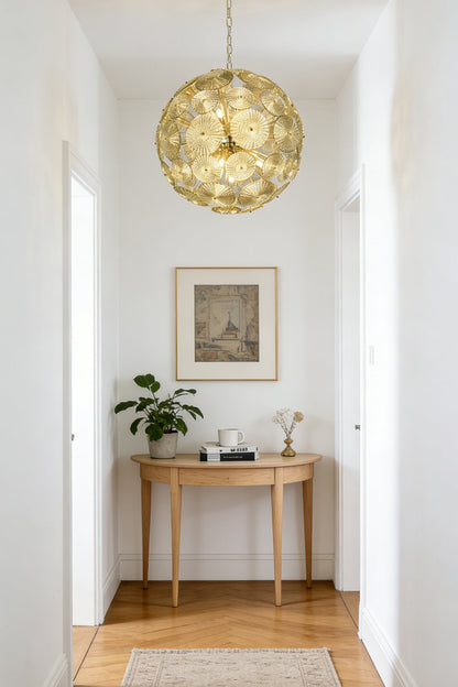Lit modern classic spheres chandelier | Metal, Glass | Installed at the end of a corridor over a console table | vexalamps
