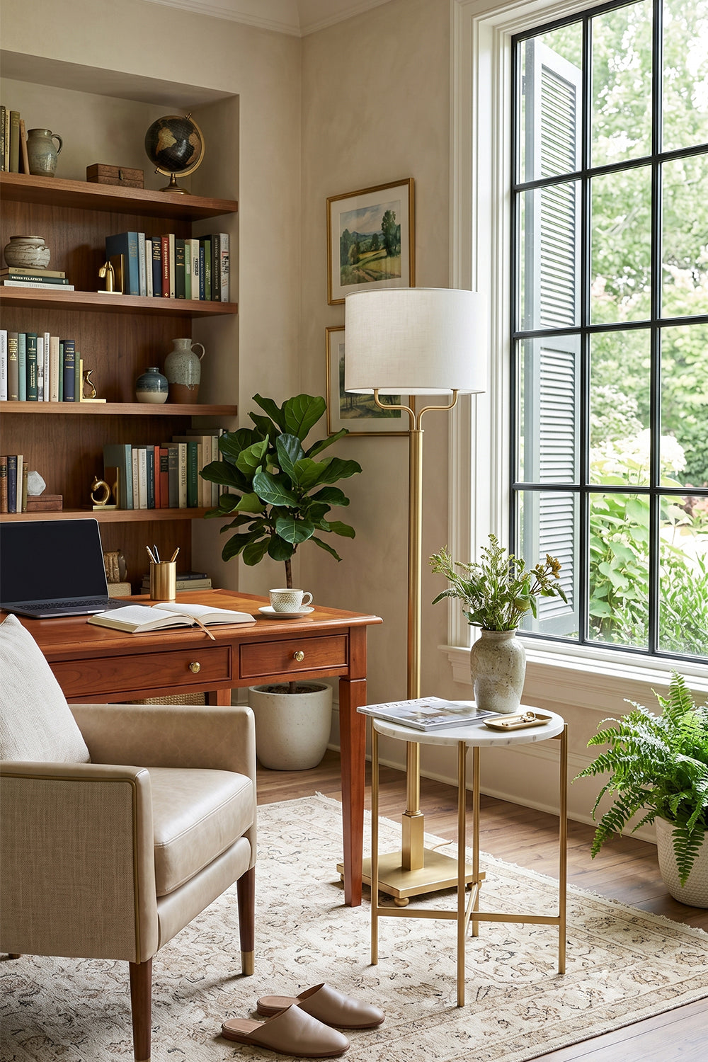 Sutton Modern Brass Floor Lamp next to a wooden desk and plants in a cozy home office setting.
