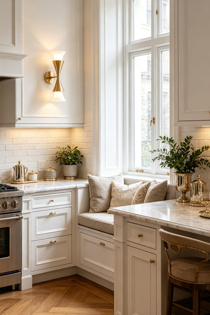 Sylvain Modern Torch Wall Sconce illuminating a modern kitchen with white cabinetry and elegant decor.