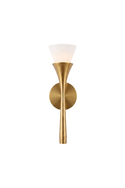 Sylvain Modern Torch Wall Sconce featuring a metallic trumpet-shaped stem and frosted glass shade.