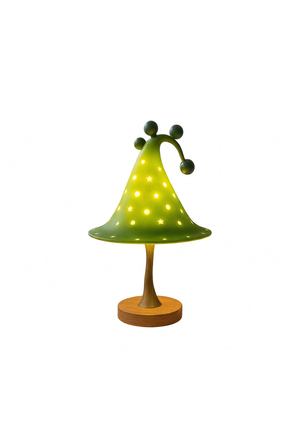 Sylvan Astral Resin Table Lamp | Green star pattern shade | Lit product shot | Standard wood-look base | Isolated white background | vexa lamps