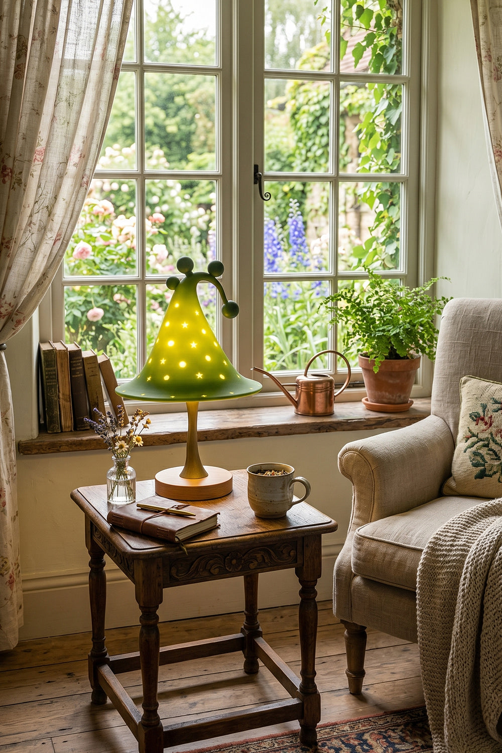 Sylvan Astral Resin Table Lamp | Green star pattern shade | Lit living room scene | Sunny window side table | Next to armchair | vexa lamps