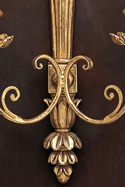 Tamsin Carved Plume Candle Wall Lamp | Carved Resin and Brass | Macro detail showing the lower scrollwork and acorn finial bottom | vexa lamps