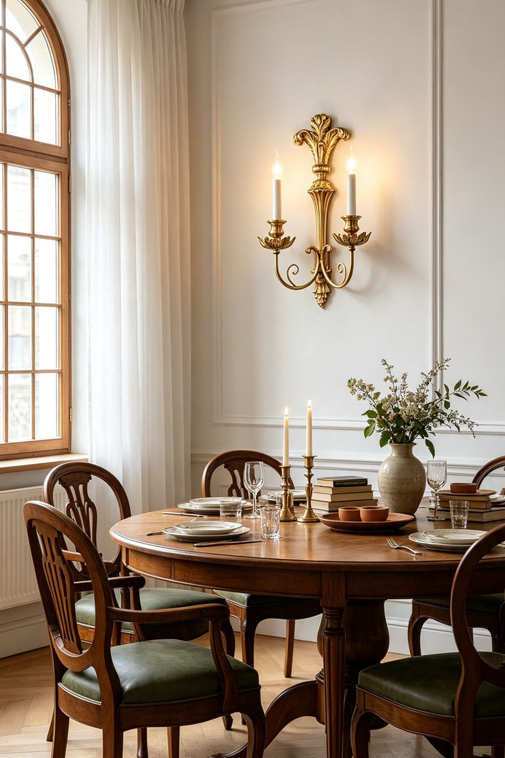 Tamsin Carved Plume Candle Wall Lamp | Carved Resin and Brass | Mounted on a wall in a classic dining room with a round wooden table | vexa lamps