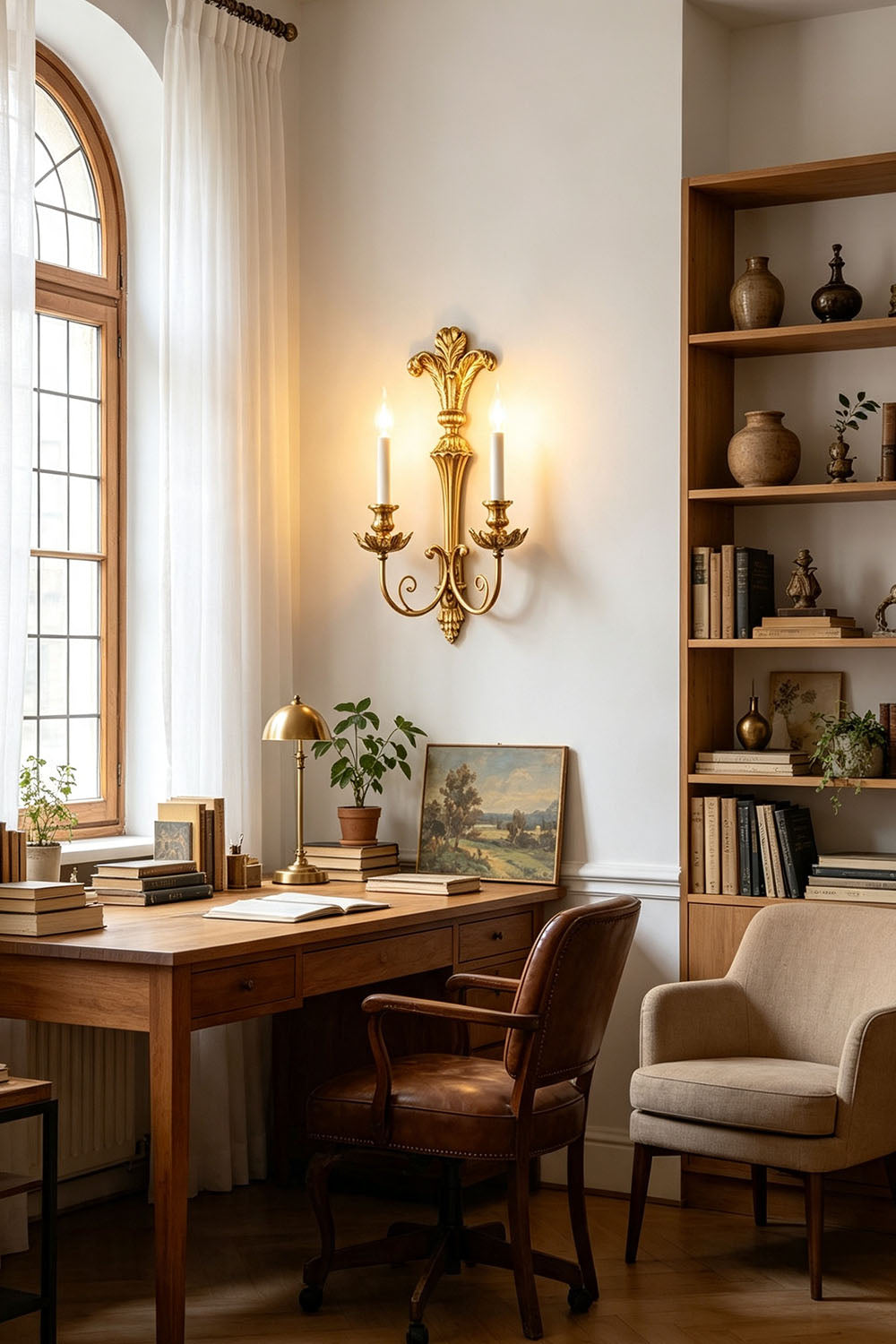 Tamsin Carved Plume Candle Wall Lamp | Carved Resin and Brass | Illuminating a home office space near a wooden desk and arched window | vexa lamps