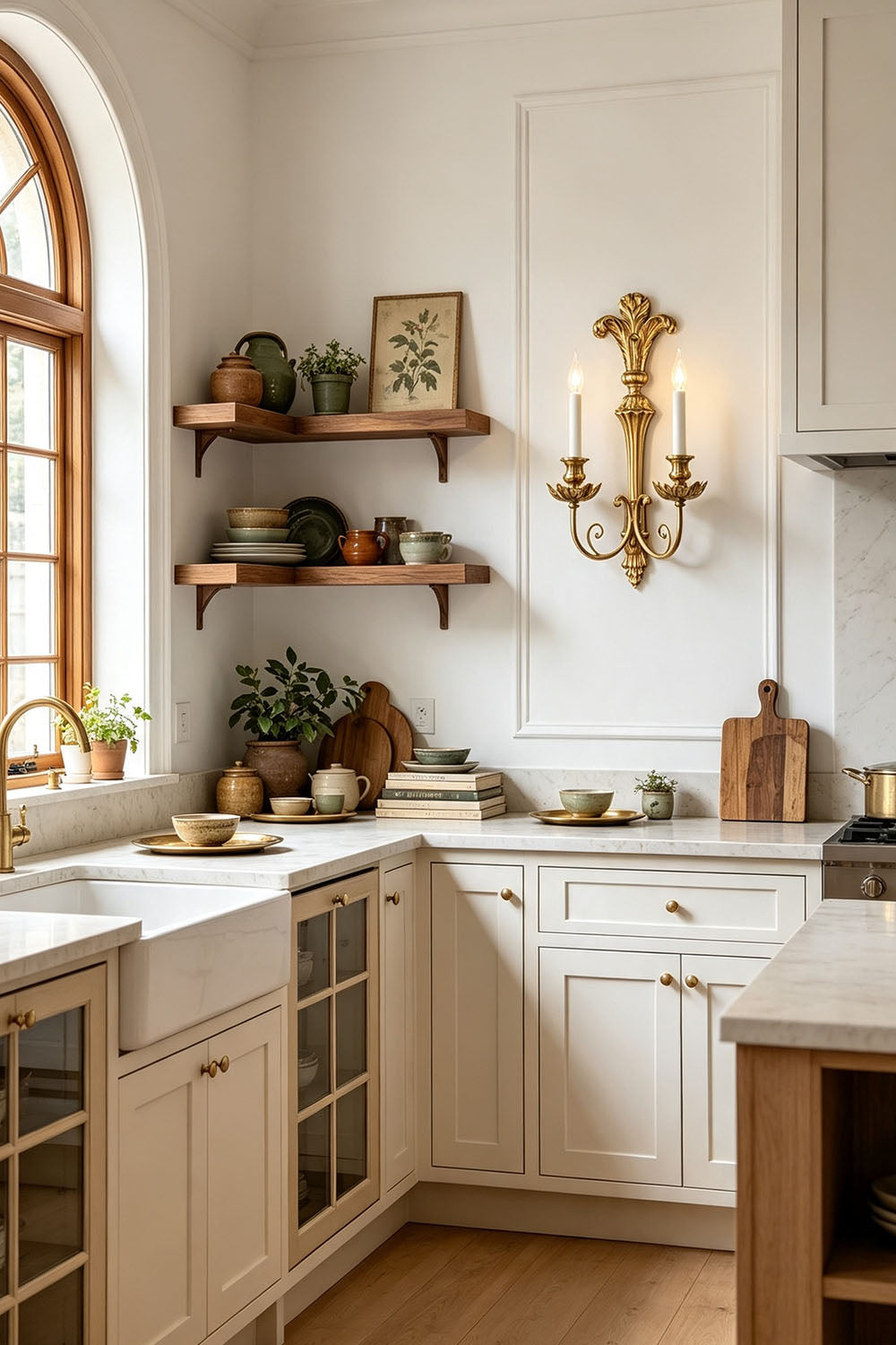 Tamsin Carved Plume Candle Wall Lamp | Carved Resin and Brass | Enhancing a classic kitchen wall near open wooden shelves and cabinets | vexa lamps