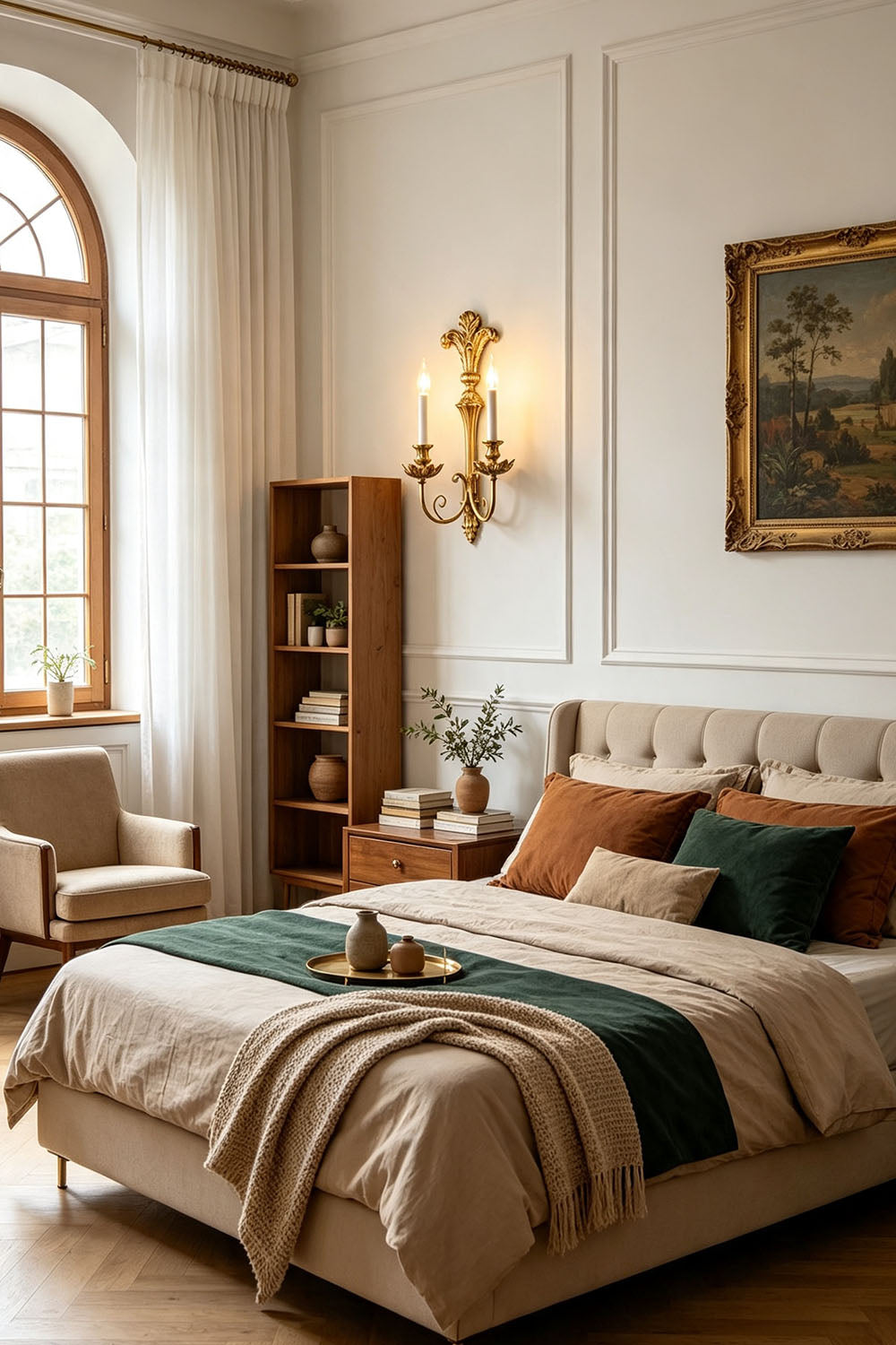 Tamsin Carved Plume Candle Wall Lamp | Carved Resin and Brass | Displayed on a bedroom wall beside a comfortable bed and nightstand | vexa lamps