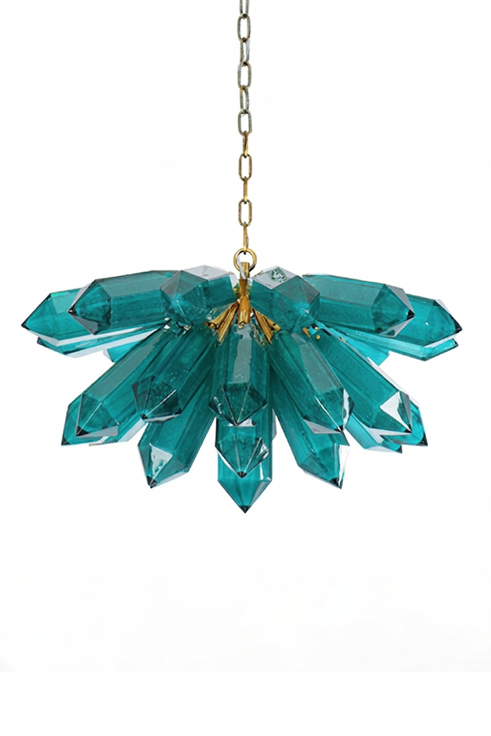 Cluster of teal glass prism crystals with gold chain | Metal | Glass | Front view isolated on white background | vexa lamps