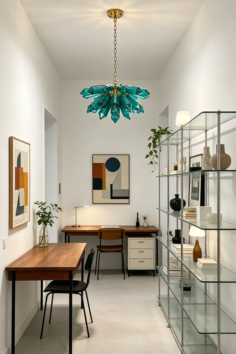 Vibrant teal glass cluster chandelier | Metal | Glass | Centered in a long workspace area with a wooden desk | vexa lamps