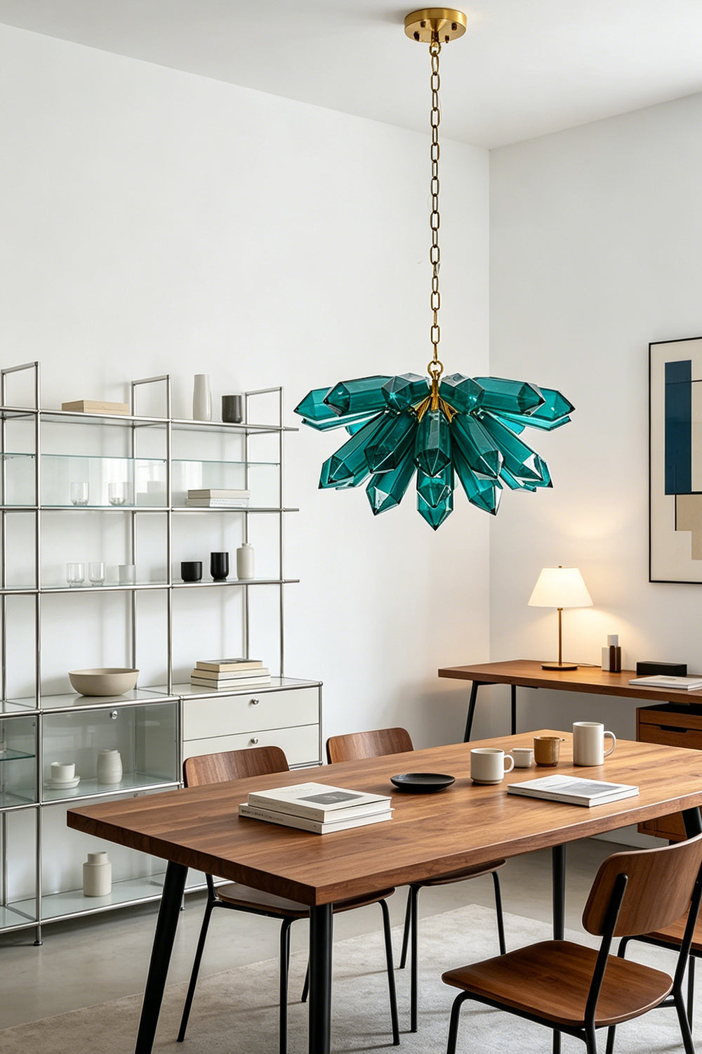 Modern teal prism cluster pendant | Metal | Glass | Dining room setting with white shelving and wooden table | vexa lamps