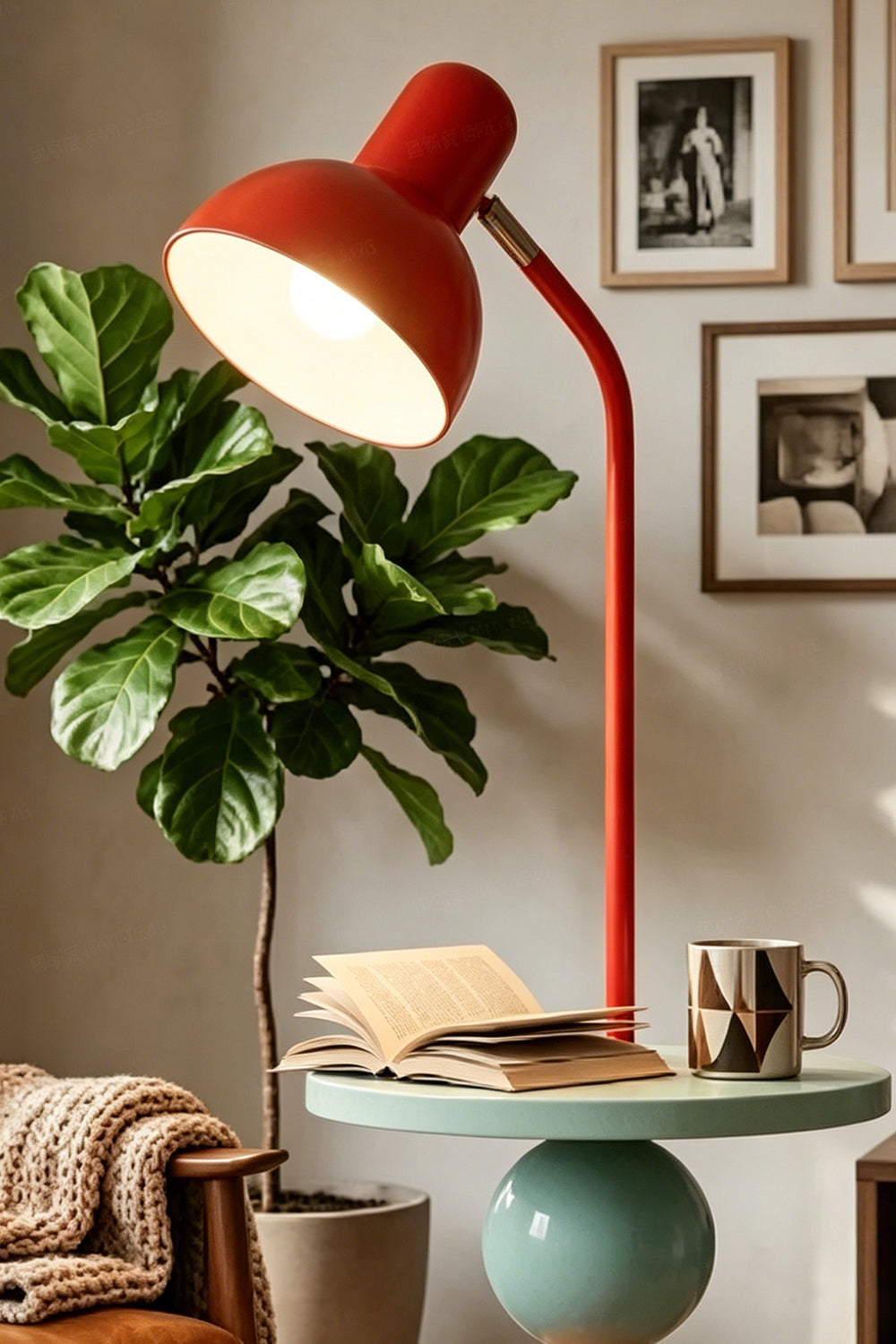 Tectonic Prism Metal Floor Lamp | Metal | Close-up showing the lamp's green tray table next to a potted plant | vexa lamps