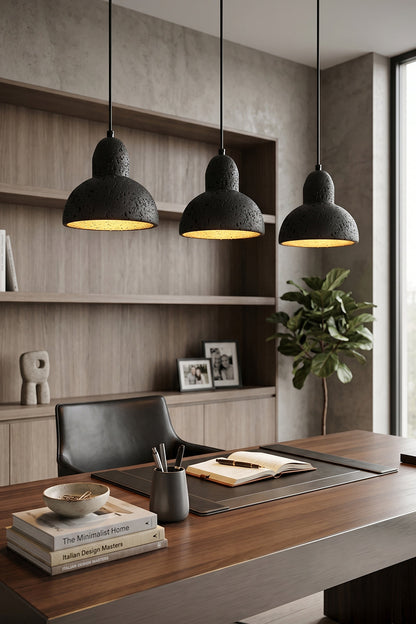 Tectonic Vein Travertine Pendant Light | Black Travertine, Metal | Desk lighting in modern home office | vexa lamps