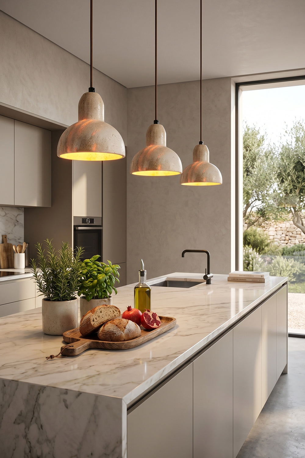 Two Beige Travertine Pendant Lights | Beige Travertine, Metal | Kitchen island lighting over marble counter | vexa lamps