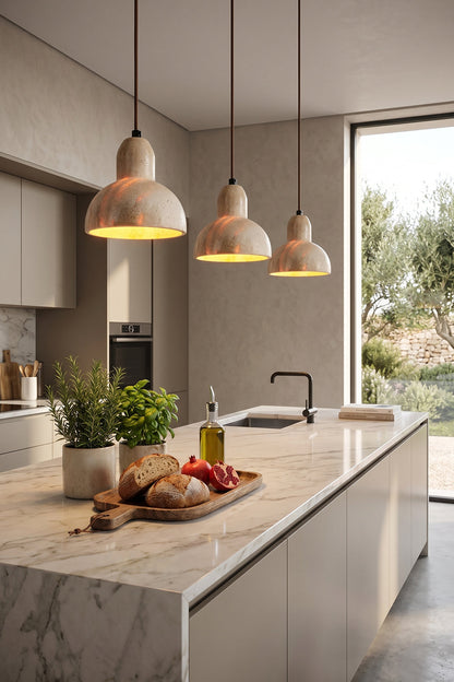 Two Beige Travertine Pendant Lights | Beige Travertine, Metal | Kitchen island lighting over marble counter | vexa lamps
