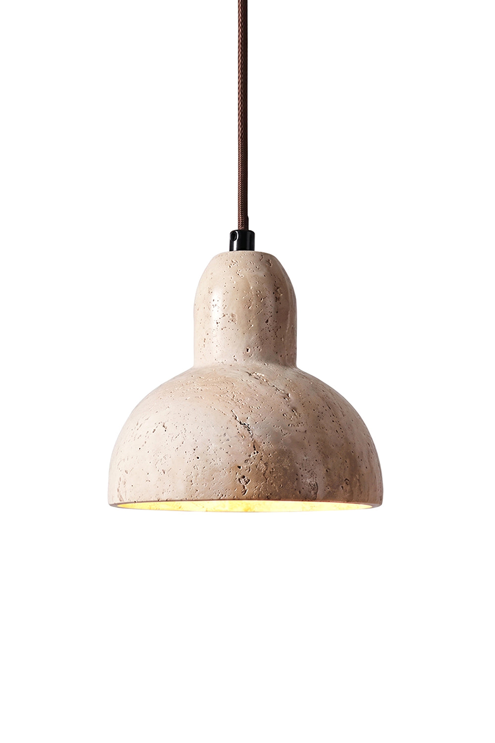 Tectonic Vein Travertine Pendant Light | Beige Travertine, Metal, Glass | Bell-shaped design, porous stone texture, gold leaf interior, downward glow | Isolated lit product shot | vexa lamps