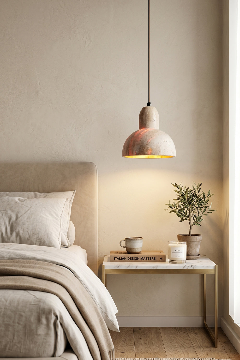 Tectonic Vein Travertine Pendant Light | Beige Travertine, Metal | Bedside lighting in neutral bedroom corner | vexa lamps