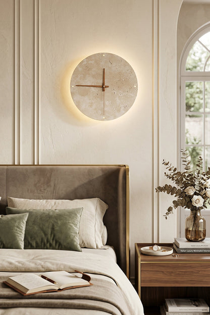 Temporal Epoch Wall Lamp | Travertine, Wood | Mounted above bed in an elegant bedroom | Ambient lighting | vexa lamps