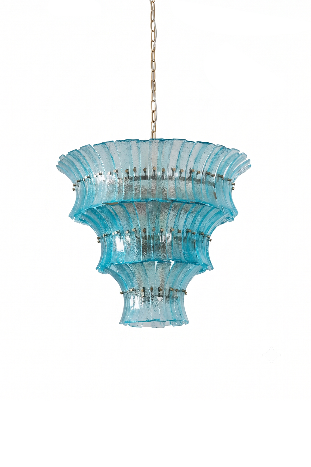 Thalassa Aquamarine Textured Glass Chandelier | Glass, Metal | Fully lit multi-tiered luxury chandelier featuring cascading curved aquamarine blue textured glass panels on a gold brass frame | Isolated shot on white background | vexa lamps