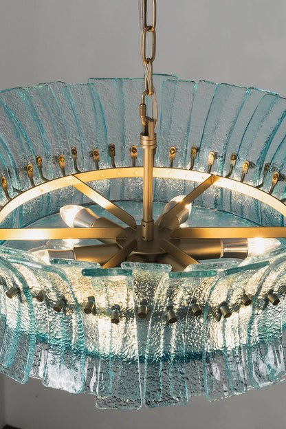 Thalassa Aquamarine Textured Glass Chandelier | Glass, Metal | Close-up internal view looking inside the radial gold brass frame core and light bulb sockets through the top ring | Detail shot | vexa lamps