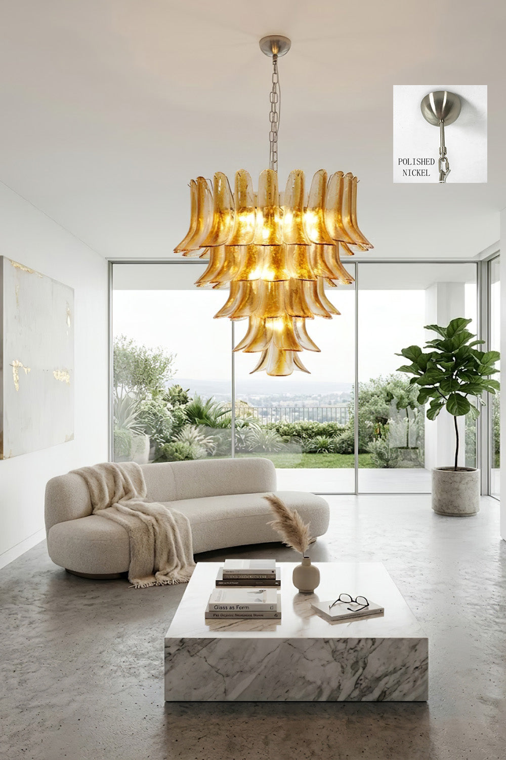 Luxurious amber glass chandelier in living area | Metal, Glass | View over a marble coffee table and curved sofa | vexa lamps