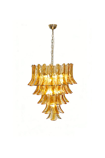 Lit tiered amber lily chandelier with brass chain | Metal, Glass | Full front product shot isolated on white background | vexa lamps