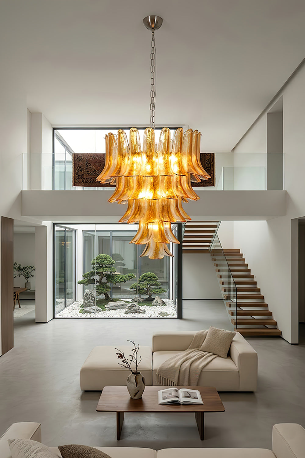 Amber lily chandelier view from stairs | Metal, Glass | Perspective view of a bright living area with stairs | vexa lamps