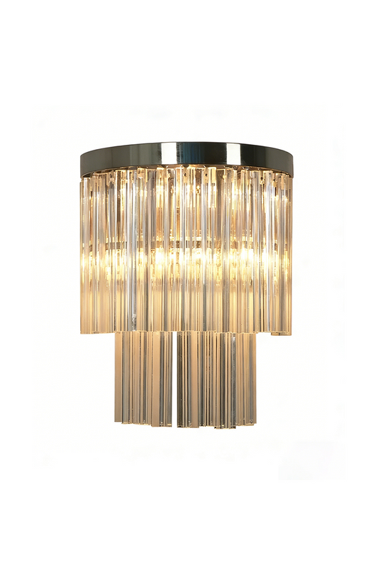 Lit tiered column glass wall light with vertical rods | Metal, Glass | Front product shot | vexalamps
