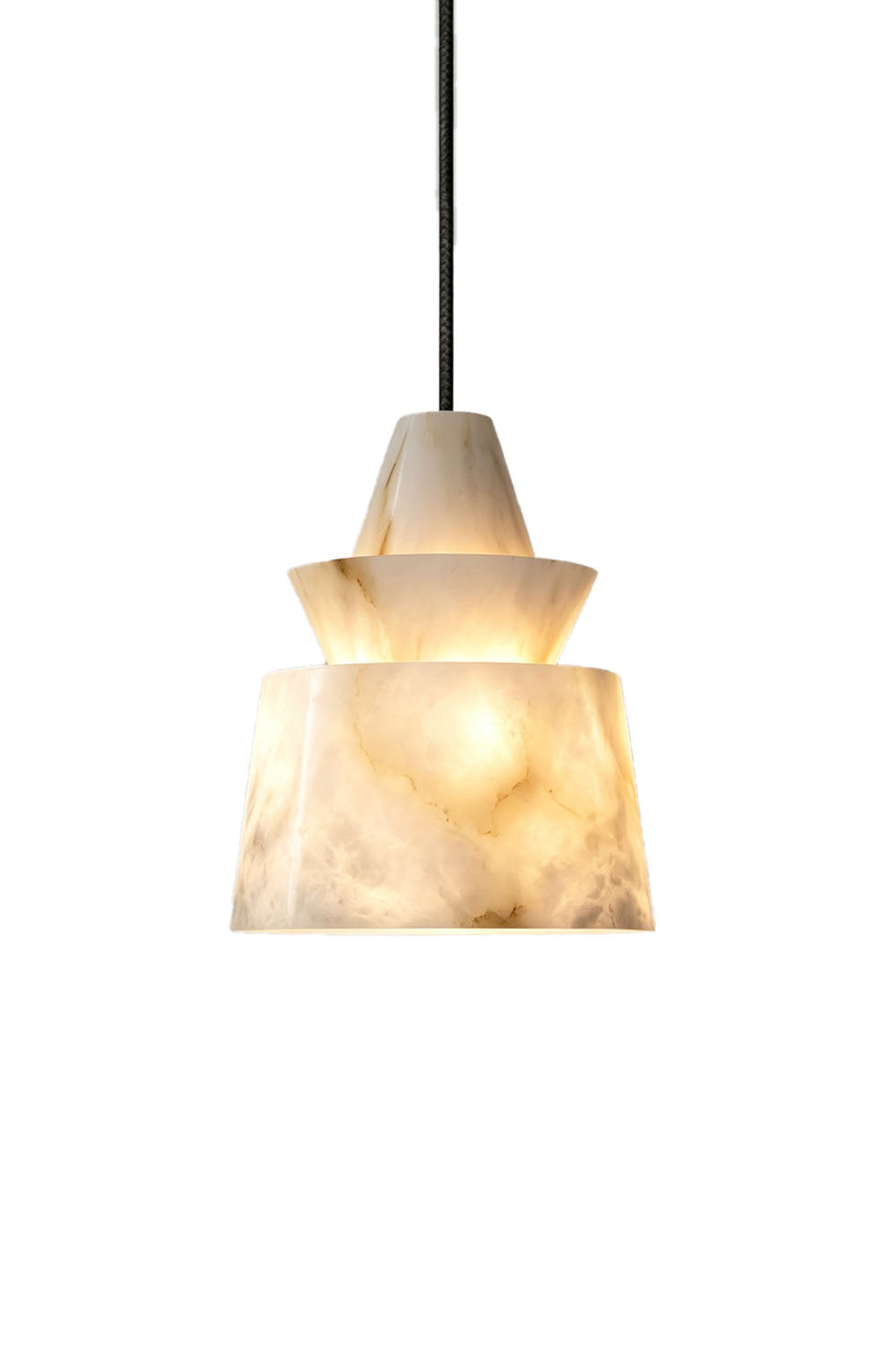 Tobiah Tiered Alabaster Pendant Light | Natural Alabaster and Metal | Front full view on a pure white background, illuminated | vexa lamps