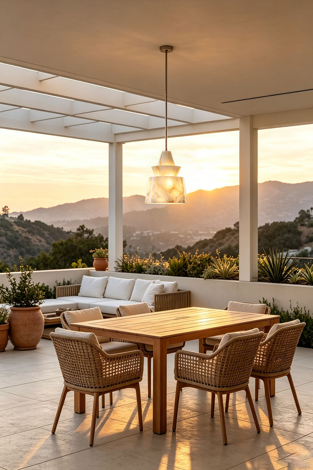 Tobiah Tiered Alabaster Pendant Light | Natural Alabaster and Metal | Displayed over an outdoor wooden patio dining table during sunset | vexa lamps