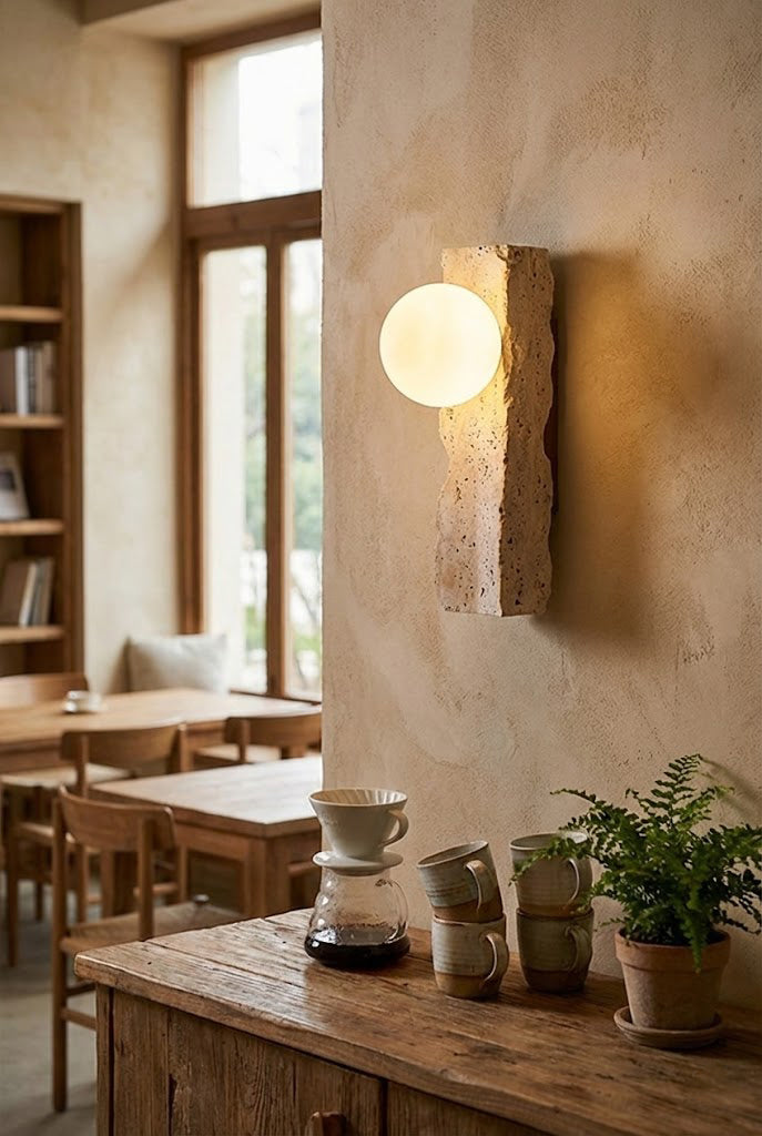 Modern travertine wall light in rustic dining area | Yellow Travertine, Metal, Glass | Interior scene with wooden tables and green plants | vexa lamps