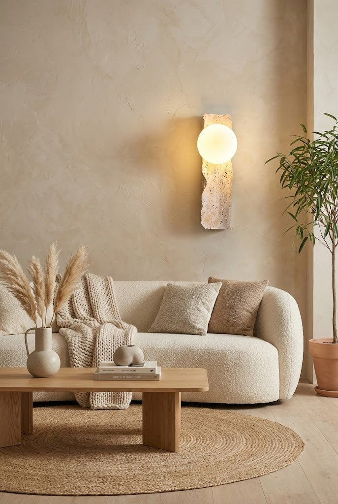 Travertine block sconce in a Wabi-Sabi living room | Yellow Travertine, Metal, Glass | Mounted above a curved white sofa and jute rug | vexa lamps