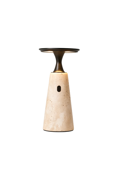 Travertine Obelisk Table Lamp | Metal, Travertine | Tapered stone base with black disc top | Lit isolated product shot | vexa lamps