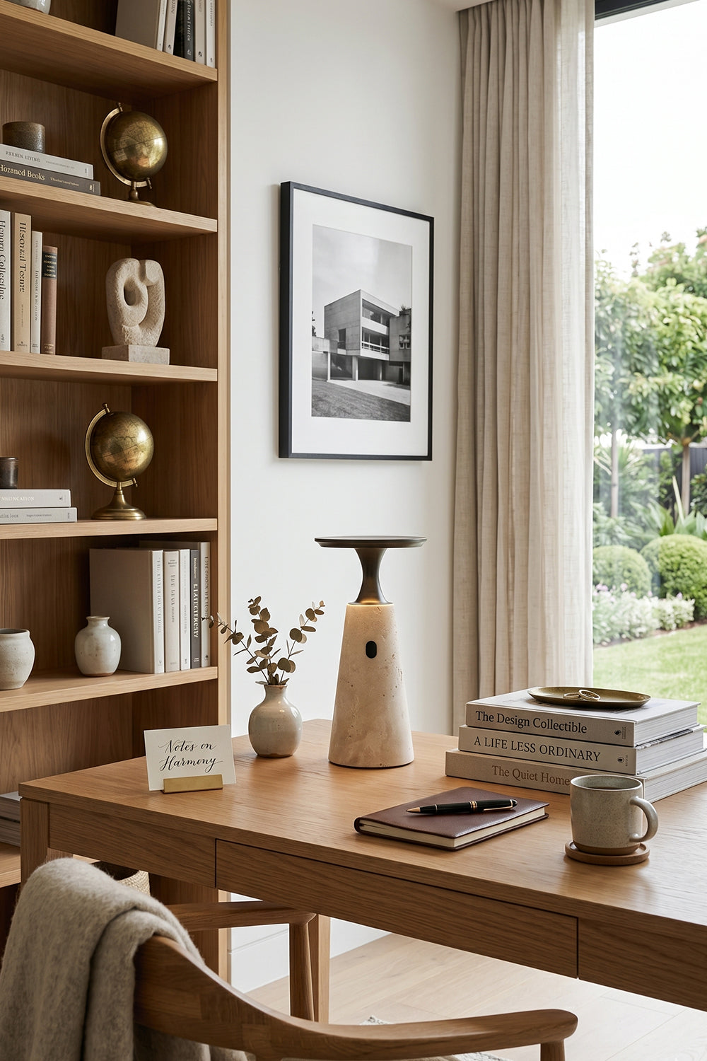Travertine Obelisk Table Lamp | Metal, Travertine | Desk lighting for minimalist home office | vexa lamps