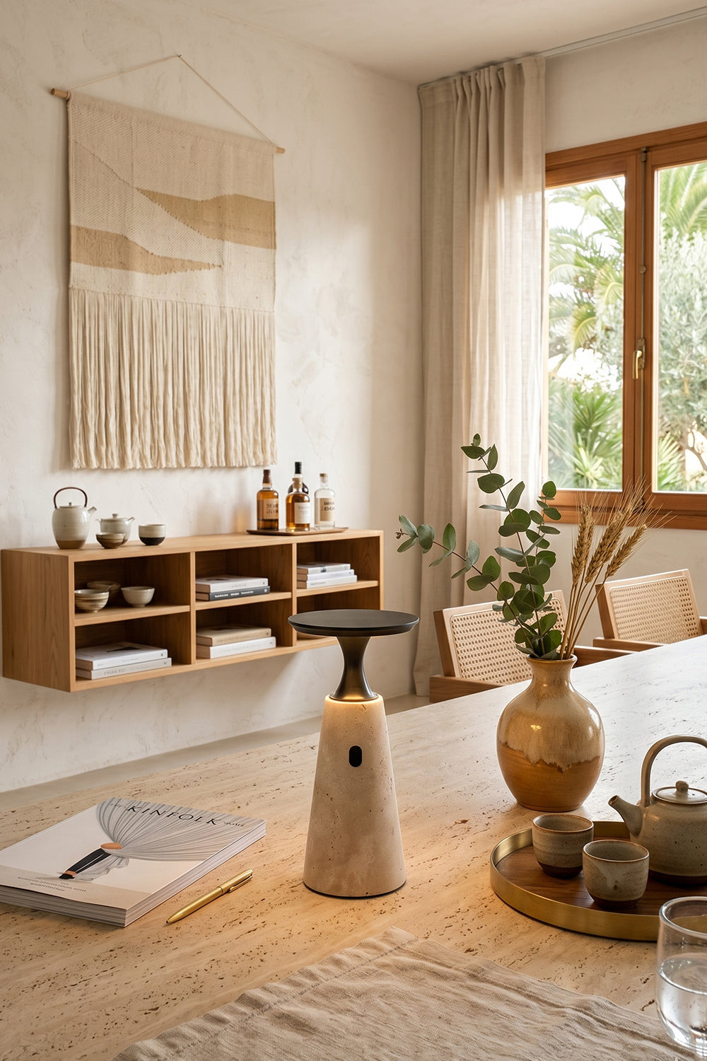 Travertine Obelisk Table Lamp | Metal, Travertine | Accent lighting on wooden dining table | vexa lamps