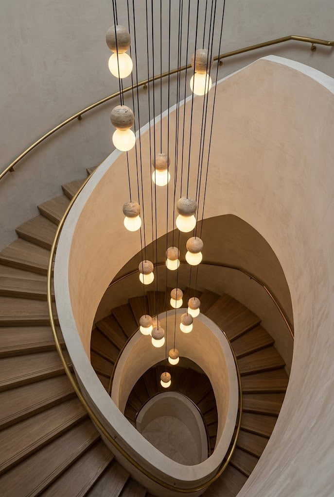 Cascading multi-light travertine chandelier in a staircase | Yellow Travertine, Glass | Dramatic vertical installation in a spiral stairwell | vexa lamps