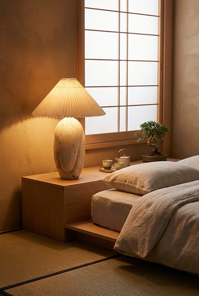 Low-profile bedside travertine lamp | Travertine, Fabric | On a wooden platform bed side table | vexa lamps