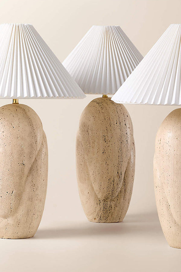 Trio of travertine table lamps | Travertine, Fabric | Group shot showing consistent base texture | vexa lamps