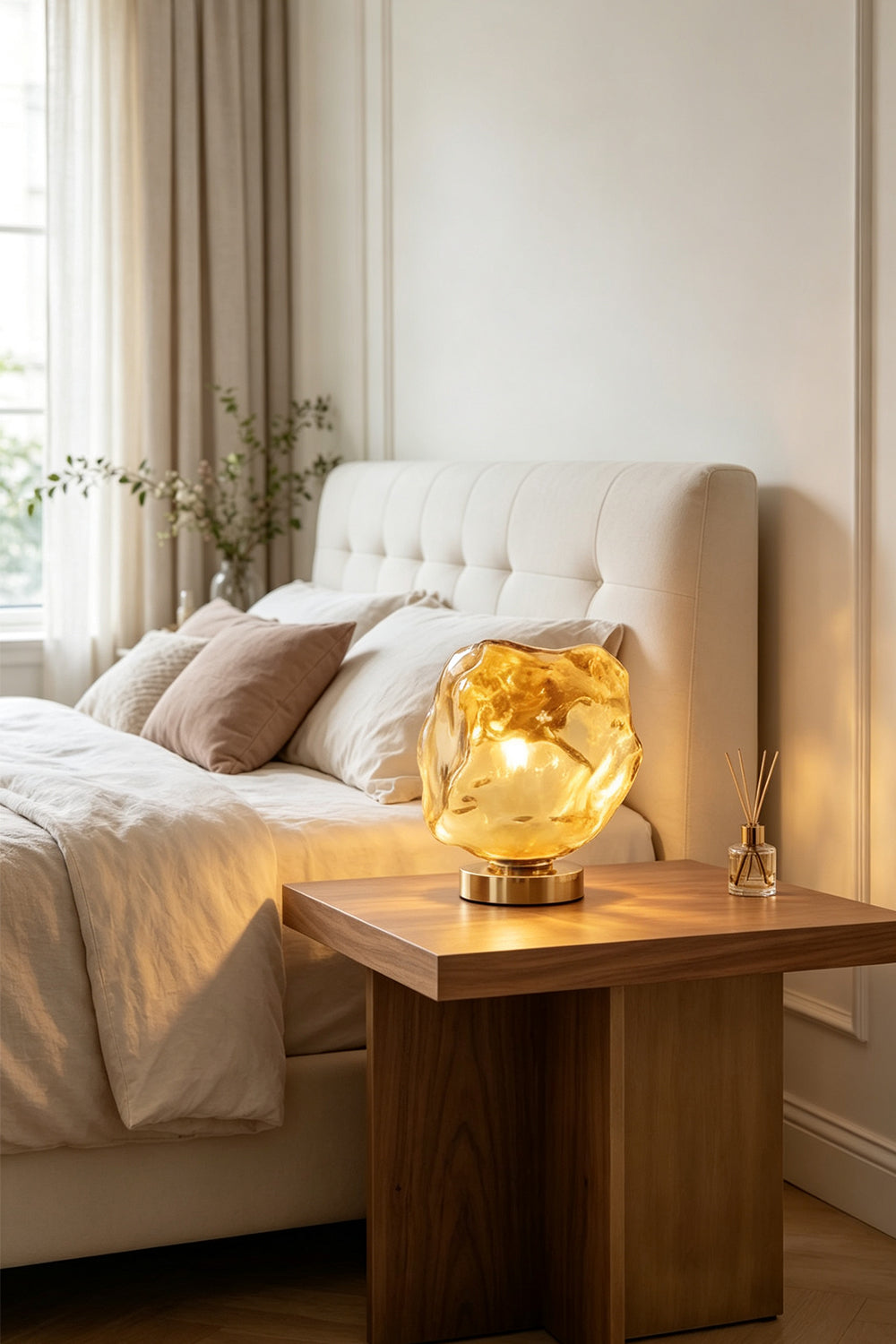Vega Molten Metal Table Lamp on a bedside table in a cozy bedroom setting with a plush headboard and soft bedding.