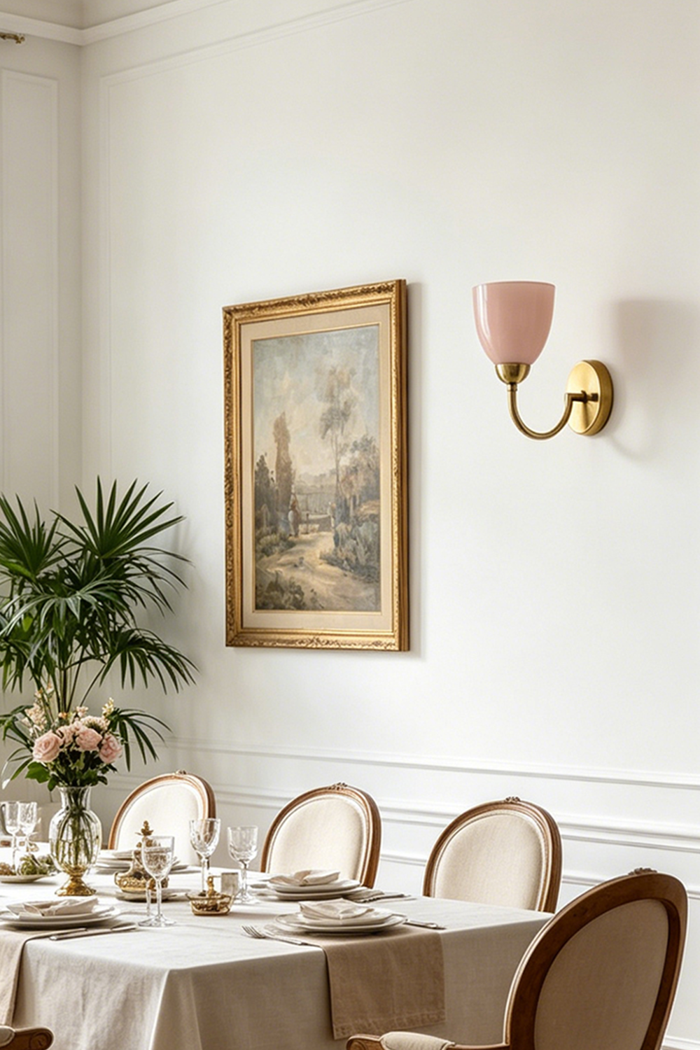 Veil Curve Glass Wall Lamp with pink shade | Metal, Glass | Placed in a home office corner near a desk | vexa lamps —— Veil Curve