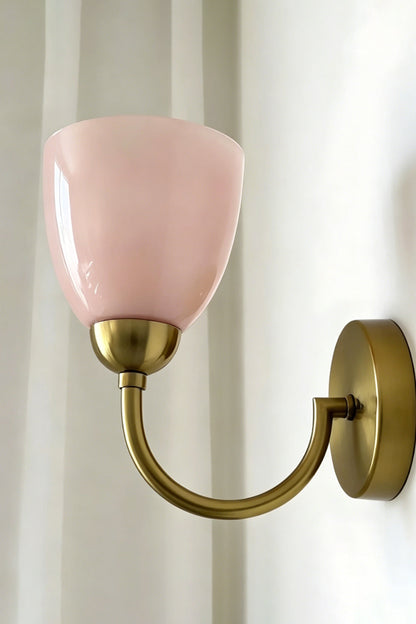 Veil Curve Glass Wall Lamp with pink shade | Metal, Glass | Detail shot of pink shade profile against light wall | vexa lamps