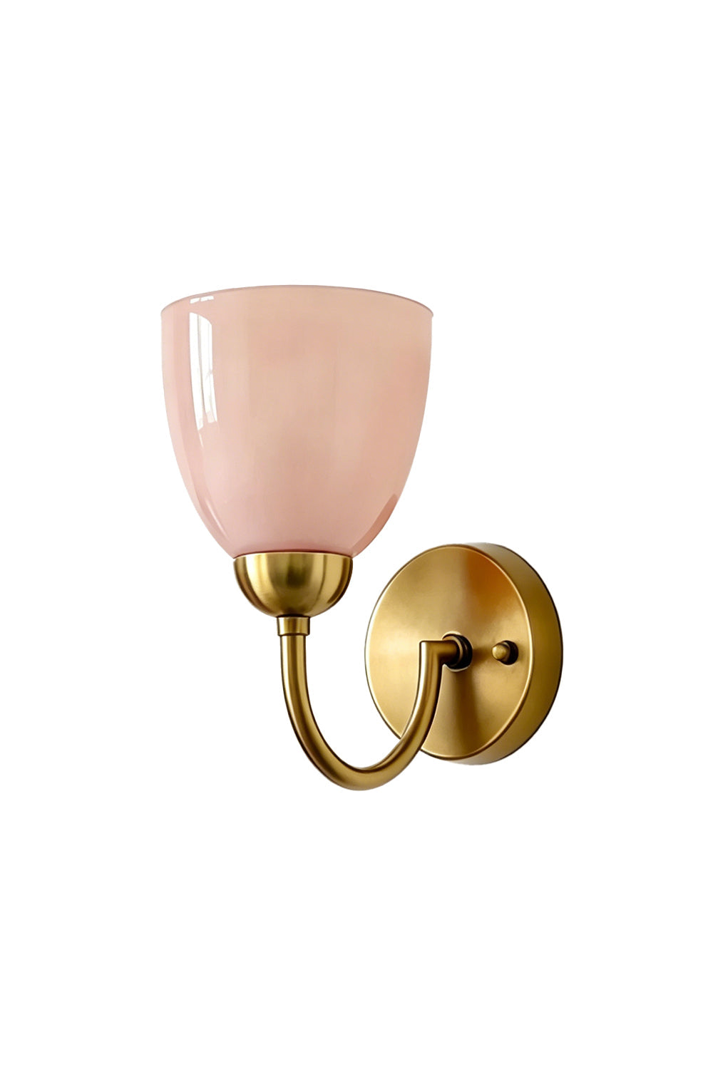 Curving brass arm wall lamp with pink bell glass shade | Metal, Glass | Clean product shot on white background | vexa lamps