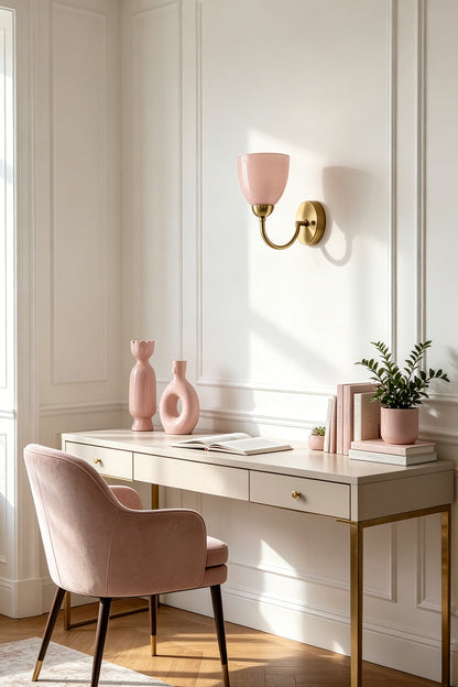 Veil Curve Glass Wall Lamp with pink shade | Metal, Glass | Placed in a home office corner near a desk | vexa lamps —— Veil Curve