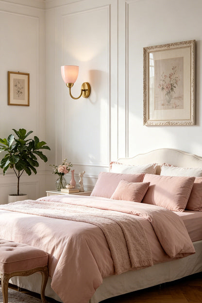 Veil Curve Glass Wall Lamp with pink shade | Metal, Glass | Installed in a well-lit bedroom over a bed | vexa lamps