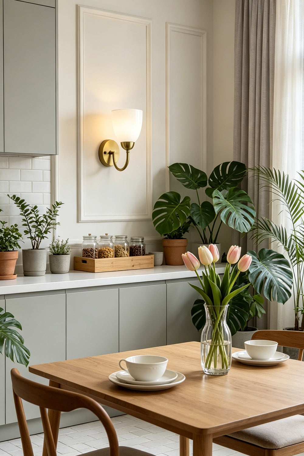 Veil Curve Glass Wall Lamp with pink shade | Metal, Glass | Over a wooden kitchen table with many houseplants | vexa lamps