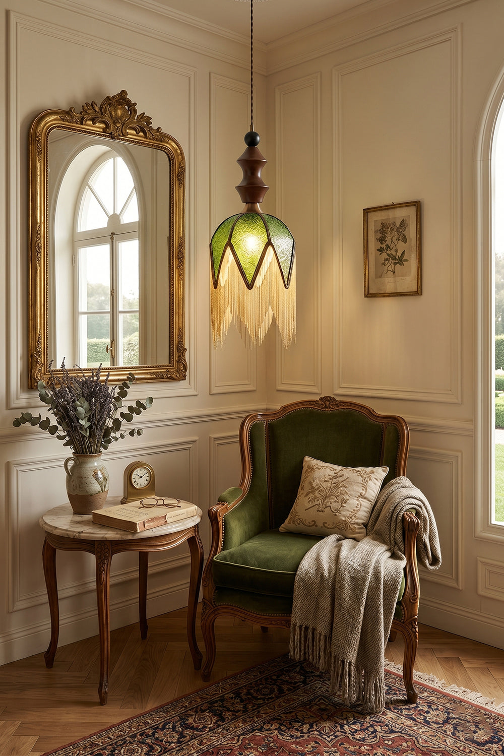 Verdure Cascade Pendant Light | Wood, Metal, Fabric | Hanging in vintage living room next to green armchair | Interior scene | vexa lamps