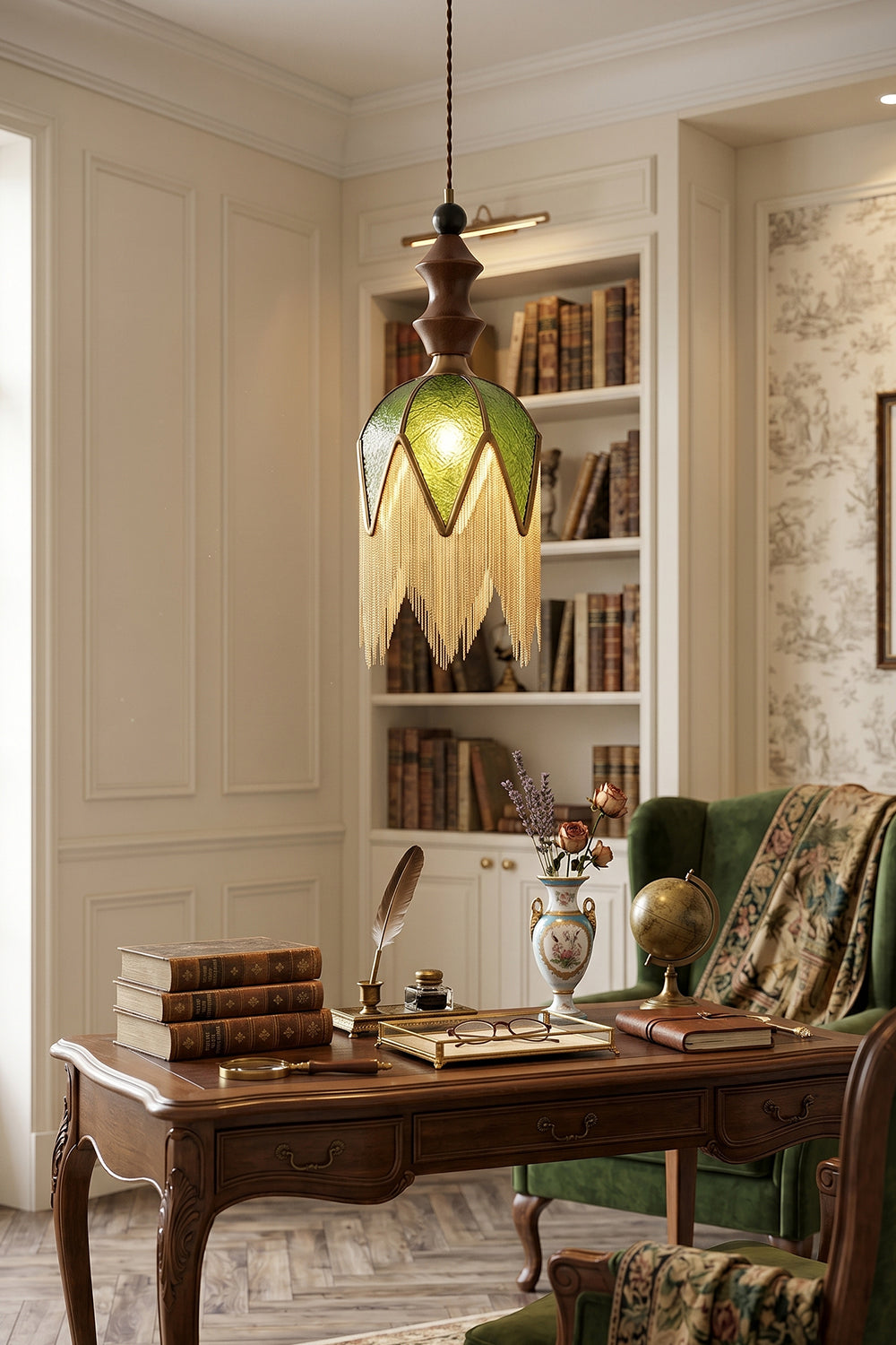 Verdure Cascade Pendant Light | Wood, Metal, Fabric | Above desk and bookshelves in classic study room | Interior scene | vexa lamps