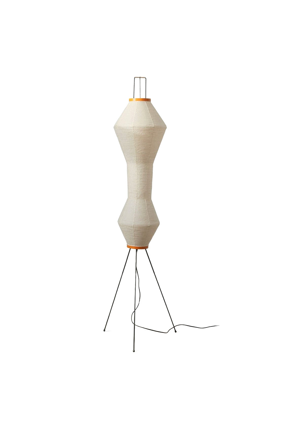 Verena Hourglass Paper Floor Lamp with a sculptural hourglass shape and slim black metal base.