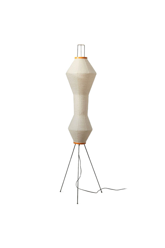 Verena Hourglass Paper Floor Lamp with a sculptural hourglass shape and slim black metal base.